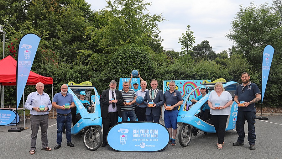The Gum Litter Task Force roadshow came to Virginia this week, where elected representatives and members of Cavan County Council’s Waste Management Division helped spread awareness of responsible disposal of chewing gum. Pictured, from left, are Councillor Paddy McDonald; Jim Lyng, Waste Management Section, Cavan County Council; Paulo Cesar, Gum Litter Task Force; Cllr Brendan Fay; Cllr TP O'Reilly; Jonathan Staines, Gum Litter Task Force; Senator Joe O'Reilly; Cathaoirleach of Cavan County Council, Cllr John Paul Feeley; Cllr Trevor Smith; Olaf O'Moore, Gum Litter Task Force; Cllr Carmel Brady; and Darren Duffy, Community Warden, Cavan County Council. Photo: Lorraine Teevan.