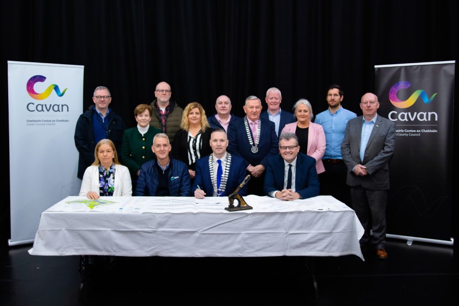 Pictured at the contract signing are (front row, from left) Jacqueline Maloney, George V. Maloney & Co. Solicitors, Law agent; Damian Murray, GEDA Construction; Cathaoirleach of Cavan County Council, Cllr Philip Brady; and Eoin Doyle, Chief Executive, Cavan County Council.  (Middle row, left to right) John Wilson, Senior Engineer, Housing Construction Section, Cavan County Council; Phylis Boylan, Maloney Solicitors; Fiona Heaslip, Housing Construction Section; Cllr Clifford Kelly, Chair, Bailieborough Cootehill Municipal District; Cllr Sarah O'Reilly; Thomas Reilly, Executive Engineer, Housing Construction Section; and Cllr Paddy McDonald.  (Back row, left to right) Fergus Doyle, Hamilton Young Architects; Stewart McFeely, GEDA Construction, and Seamus McLoughlin, Senior Executive Engineer, Housing Construction Section. PHOTO: Sheila Rooney