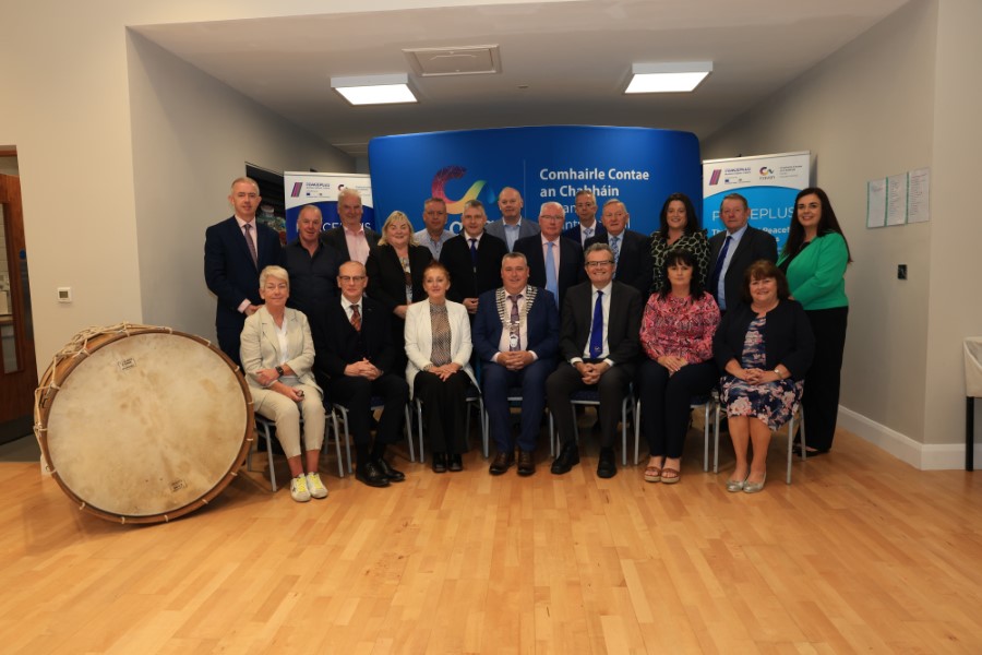 Pictured at the launch of the Cavan PEACEPLUS Action Plan on Friday, 20th September are: Back row, from left: Brendan Jennings, Director of Service; Cllr Val Smith; Cllr Niall Smith; Cllr Carmel Brady; Cllr Damien Brady; Cllr Trevor Smith; Senator Diarmuid Wilson; Deputy Brendan Smith; John Donohoe, Chief Officer, Cavan County Council; Cllr Clifford Kelly; Cllr Niamh Brady; Cllr Winston Bennett; Noreen Sudbury, Cavan County Council PEACEPLUS team. Front row left to right Jane Crudden, PEACEPLUS Manager Cavan County Council; Paul Beattie, Programme Manager, SEUPB; Linda Sheridan, Assistant Principal, Department of Rural and Community Development; Cllr TP O’Reilly, Cathaoirleach; Eoin Doyle, Chief Executive, Cavan County Council; Rosie Smith, Department of Rural and Community Development; Cllr Patricia Walsh. PHOTO: Adrian Donohoe.