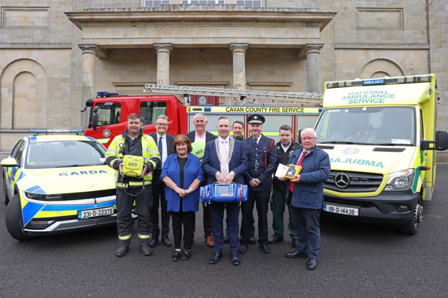 Pictured at Courthouse Cavan promoting the AED registration initiative are (from left) Joey McDonald, Station Officer, Cavan Town Fire Brigade; Eoin Doyle, Chief Executive, Cavan County Council; Cllr Patricia Walsh; Cllr Aiden Fitzpatrick; Cathaoirleach, Cllr Philip Brady; Garda Niall McGinn; Noel O’Reilly, Chief Fire Officer; Liam Stewart, Community Engagement Officer, NAS; Deputy Brendan Smith. PHOTO: Adrian Donohoe