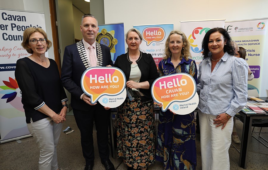 Cllr Philip Brady, Cathaoirleach, Cavan County Council opens Mental Health Ireland’s Hello How are you Event in Johnston Central Library on Thursday 16th May. He is joined by Emer Mulligan, HSE Suicide Prevention Officer Cavan Monaghan; Emma Clancy, County Librarian; Kim Doherty Mental Health Ireland; and Sinéad Tormey, SláinteCare Healthy Communities Local Development Officer.
