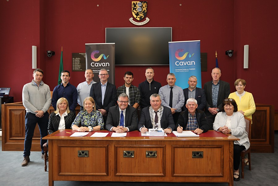 Pictured at Courthouse Cavan, signing contracts for the development of 17 social homes in Killeshandra and Ballyjamesduff are (front, left to right): front from left Ann McGaughran, Crosserlough Construction; Jacqueline Maloney, Law Agent, George V Maloney & Co; Eoin Doyle, Chief Executive, Cavan County Council; Cathaoirleach of Cavan County Council TP O'Reilly; Jim McGaughran, Crosserlough Construction; and Cllr Patricia Walsh. (Back, left to right) Brendan McGourty, Project Manager, Cavan County Council; Enda Gilsenan, Wynne Gormley Gilsenan Architects; Tony Naughton, Clerk of Works; Cavan County Council; John Wilson, Senior Engineer, Cavan County Council; Niall McGaughran, Crosserlough Construction; Cllr Philip Brady; Cllr Trevor Smith, Jonathan Condell, Senior Project Manager, Cavan County Council; Paruig Wynne, Wynne Gormley Gilsenan Architects; and Phyllis Boylan, GV Maloney.