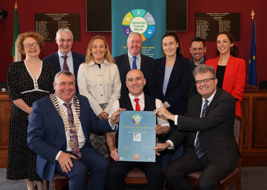 Pictured are (front row, from left) Cathaoirleach of Cavan County Council, TP O'Reilly, Ollie Fallon, National Transport Authority, Eoin Doyle Chief Executive, Cavan County Council. (Back row, from left): Patricia Smith, Active Travel Unit; John McKernan, Senior Engineer, Roads Department; Orla Malone, Active Travel Unit; Paddy Connaughton, Director of Service; Bróna Keating, Climate Action Coordinator; John Smith, Roads Department; Theresa Smith, Active Travel Unit. PHOTO: Adrian Donohoe.