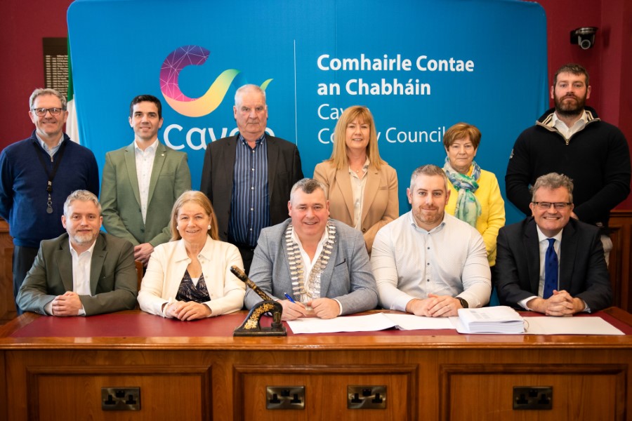 Caption: Pictured at Courthouse Cavan, signing contracts for the development at Chapel Lane, Cootehill (back row, left to right): John Wilson, Senior Engineer, Cavan County Council Housing Construction; Enda Gilsenan, Wynne Gormley Gilsenan Architects; Cllr Niall Smith; Lynda McGavigan, A/Director of Services, Housing, Libraries and Cultural Services, Human Resources, and Corporate Services; Phyllis Boylan, GV Maloney and Co Solicitors; and Jonathon Jackson, Director, Sandar Construction.  Front row, left to right: Jonathan Condell, Senior Executive Engineer, Cavan County Council; Jacqueline Maloney, GV Maloney and Co Solicitors; Cathaoirleach of Cavan County Council, Cllr TP O’Reilly; Leigh Jackson, Director, Sandar Construction; and Chief Executive of Cavan County Council, Eoin Doyle. PHOTO: Sheila Rooney Photography