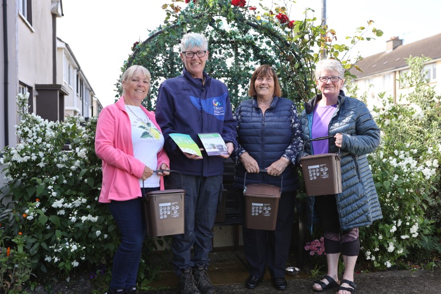 As part of National Food Waste Recycling Week 2024, community wardens from Cavan County Council called to estates across the county delivering brown bin caddy packs. Pictured at John Paul Avenue, Cavan are (left to right) Winifred Lee; Marie Morgan, Community Warden; Margaret McCabe; and Nora O’Reilly. PHOTO: Vera Farrelly.