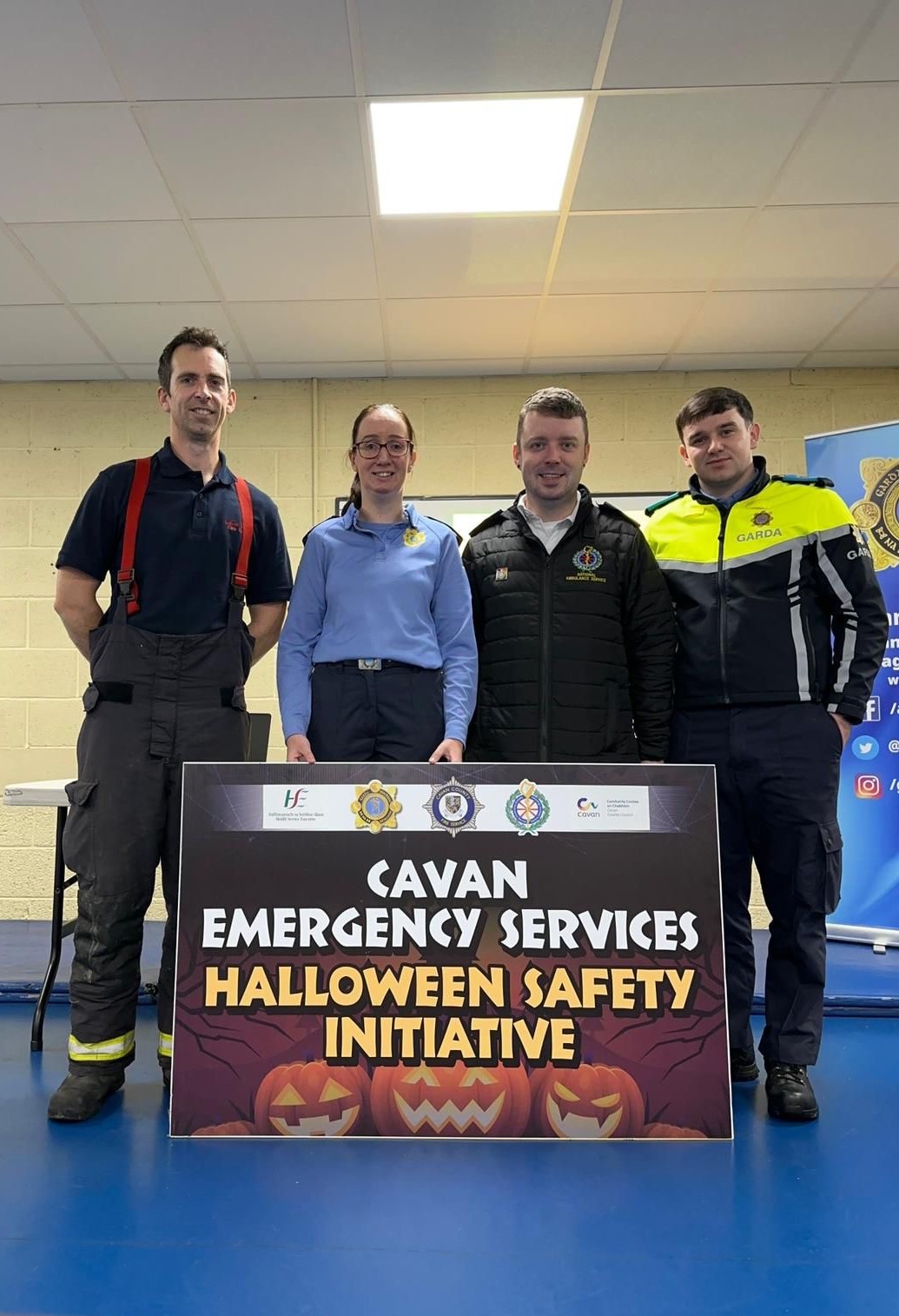 Danny Barr, Cavan Fire Service; Community Engagement Garda Christine Gallagher; Liam Stewart, National Ambulance Service, and Garda Connor Donohoe at a recent Hallowe’en Safety Talk for primary schools.