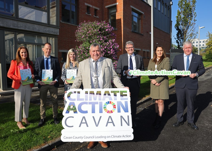 Helen Smith, Climate Action Officer; Colm O'Callaghan, Senior Scientist; Tara Smith, Community Climate Action Officer; Cllr T. P. O’Reilly, Cathaoirleach; Eoin Doyle, Chief Executive; Brona Keating, Climate Action Coordinator and Paddy Connaughton, Director of Services, Cavan County Council at the announcement of over €770,000 for local community groups under the Community Climate Action Fund. PHOTO: Adrian Donohoe