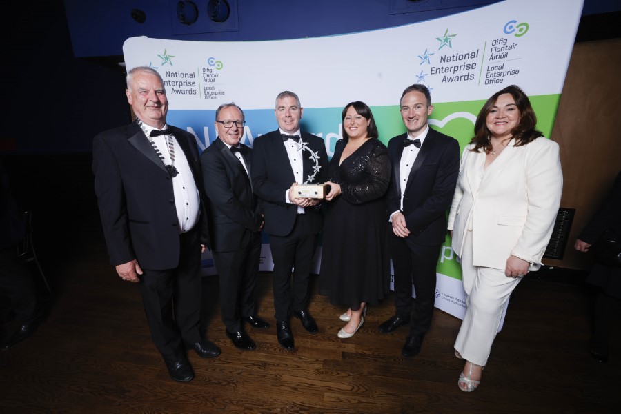 Pictured at the National Enterprise Awards, following Fire Doors Ireland’s North-East Regional Award win are (from left) Cllr Niall Smith, Leas-Chathaoirleach, Cavan County Council; Conor Craven, Head of Enterprise, LEO Cavan; Declan and Amanda Sharkey, Fire Doors Ireland; Minister of State at the Department of Enterprise, Trade and Employment Alan Dillon TD; Gillian Madden, Senior Enterprise Development Officer, LEO Cavan.