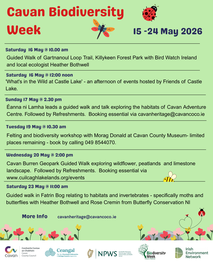 Poster for Cavan Biodiversity Week with following details: Schedule of Events Guided Walk of&nbsp;Gartnanoul Loop Trail,&nbsp;Killykeen Forest Park Saturday 16 May 10am Guided Walk of Gartnanoul Loop Trail, Killykeen Forest Park with Bird Watch Ireland and local ecologist Heather Bothwell   What's in the Wild at Castle Lake Saturday 16 May 12pm 'Join Elizabeth McKenna for bird spotting, discover local water quality through a live testing demonstration, and explore all things floral with Janet McGuigan.   Habitats Walk & Talk at Cavan Adventure Centre Sunday 17 May 2:30pm Join Éanna ni Lamhna for a guided walk and talk exploring the habitats of Cavan Adventure Centre, from lakeshore and grassland to forest, followed by refreshments. Followed by Refreshments. Limited space is available, email - cavanheritage@cavancoco.ie to book!   Felting and biodiversity workshop Tuesday 19 May 10:30am Felting and biodiversity workshop with Morag Donald at Cavan County Museum Limited space is available, call 049 8544070 to book.   Cavan Burren Geopark Guided Walk Wednesday 20 May 2pm Cavan Burren Geopark Guided Walk exploring wildflower, peatlands and limestone landscape. Followed by Refreshments. Booking essential via www.cuilcaghlakelands.org/events &nbsp; Discover the Hidden Life of Fartrin Bog Saturday 23 May 11:00am Guided walk in Fartrin Bog relating to habitats and invertebrates - specifically moths and butterflies with Heather Bothwell and Rose Cremin from Butterfly Conservation NI.